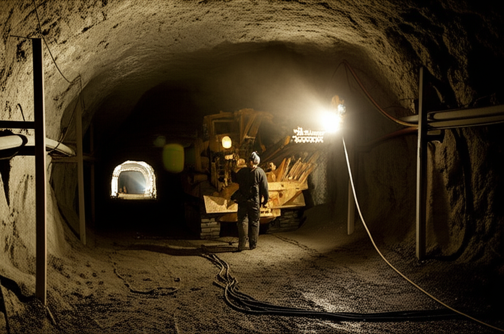 Mining tunnel with lights